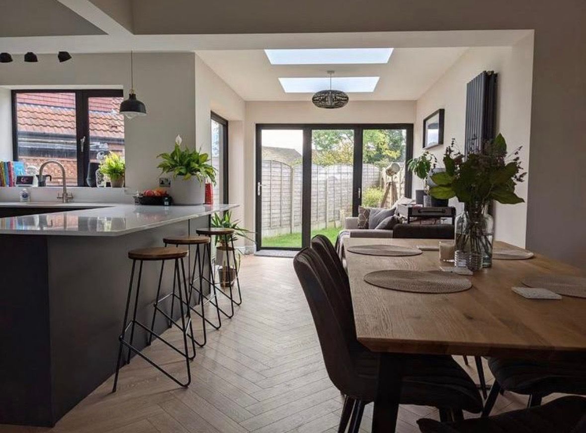 Open-plan kitchen extension with roof lights completed by Handy Handy Builders in Liverpool